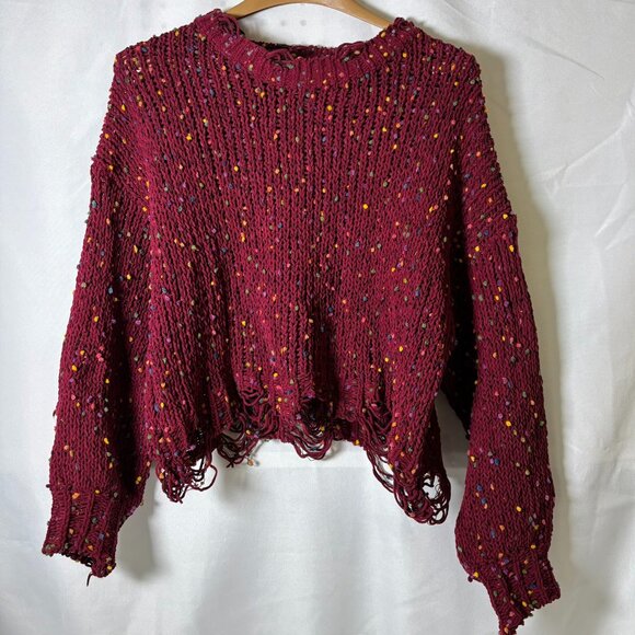 Main Strip Maroon Rainbow Flecked Distressed Knit Sweater — Sz. Small - Picture 2 of 5